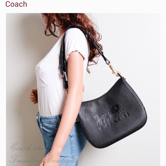 Coach Handbags - COACH Leather Jes Hobo Shoulder Bag in Black. Embossed COACH Logo.